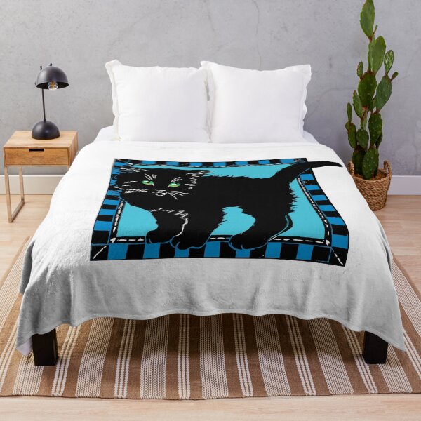 Item preview, Black kitten on blues checks, block print designed and sold by HelenDBVickers.