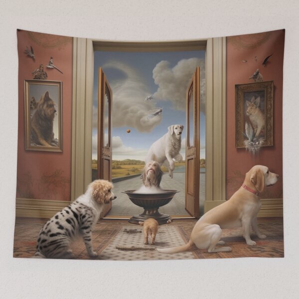 Item preview, dogs play with cat surrealisme designed and sold by Oliviasharone.