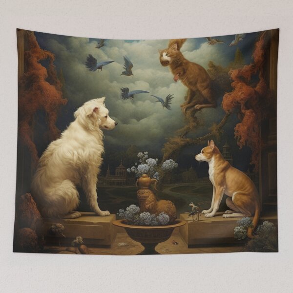 Item preview, dogs play with cat surrealisme painting designed and sold by Oliviasharone.
