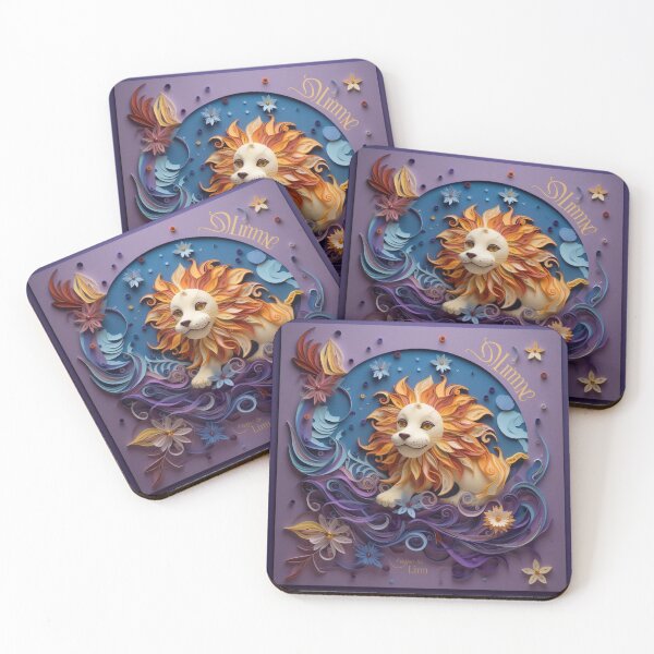 Artikelvorschau, Cute lion with flowers on purple background. Paper cut style. entworfen und verkauft von aiphotosart.