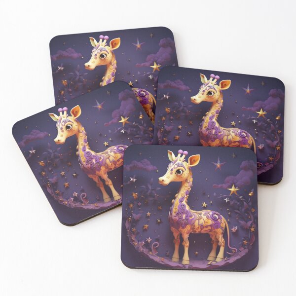 Artikelvorschau, Cute cartoon giraffe on a purple background with stars and clouds entworfen und verkauft von aiphotosart.