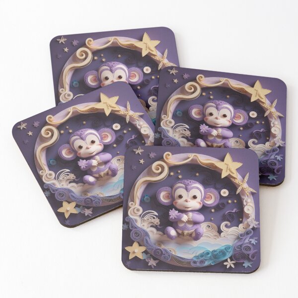 Artikelvorschau, Cute cartoon monkey on a purple background with stars and circles. entworfen und verkauft von aiphotosart.