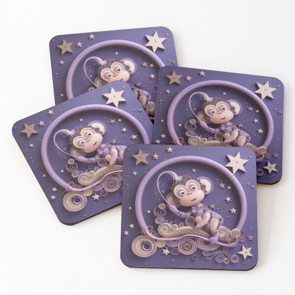 Artikelvorschau, Cute cartoon monkey on a purple background with stars and circles. entworfen und verkauft von aiphotosart.