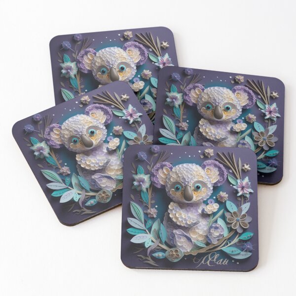 Artikelvorschau, Cute koala with flowers and leaves on a purple background. entworfen und verkauft von aiphotosart.