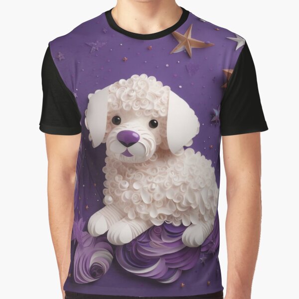 Vista previa del artículo con la obra «Cute white dog with stars on violet background. 3d rendering», diseñado y vendido por aiphotosart.