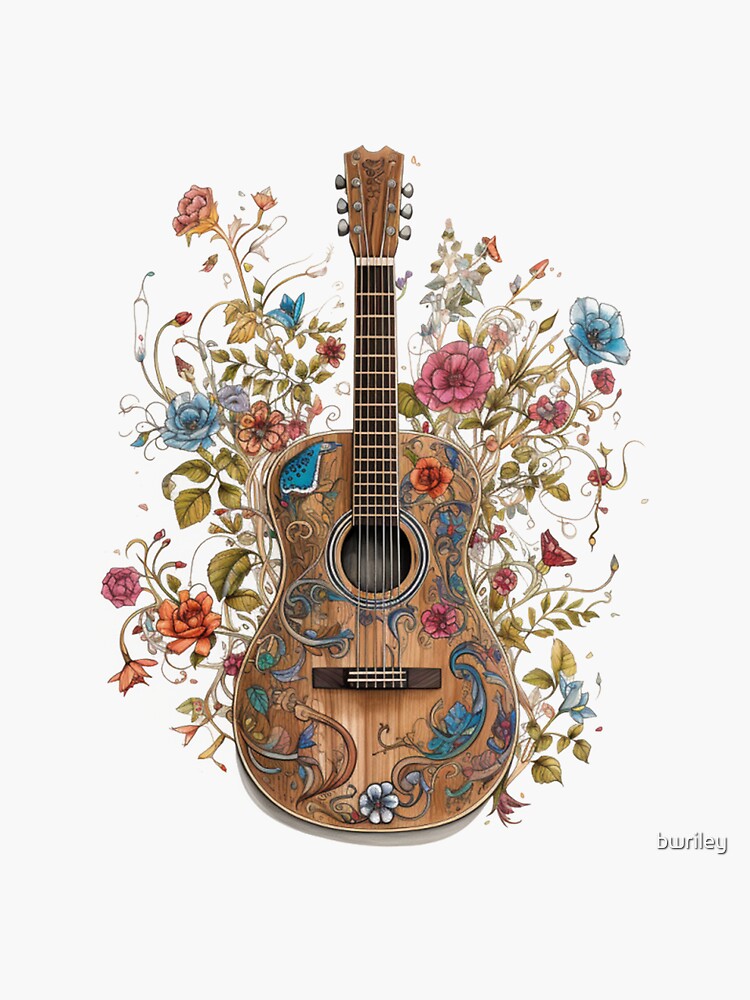 Stickers Guitare Florale - 70 x 50 cm