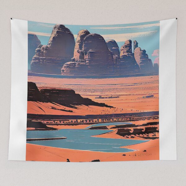 Item preview, Discover the Majestic Beauty of Wadi Rum, Jordan: Stunning Travel Illustration for Redbubble Print-On-Demand Site - Mountains, Desert, Adventure, Camel Safari, Bedouin Culture designed and sold by S Y N T H R E A L M.