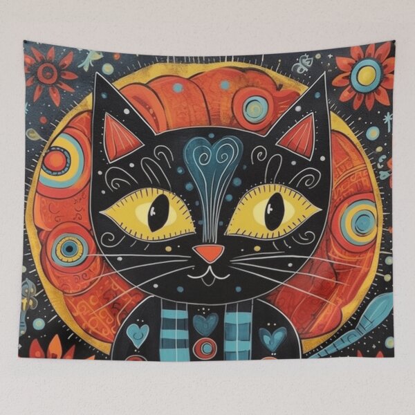 Item preview, Black kitten, folk art style designed and sold by SBD-Shop.