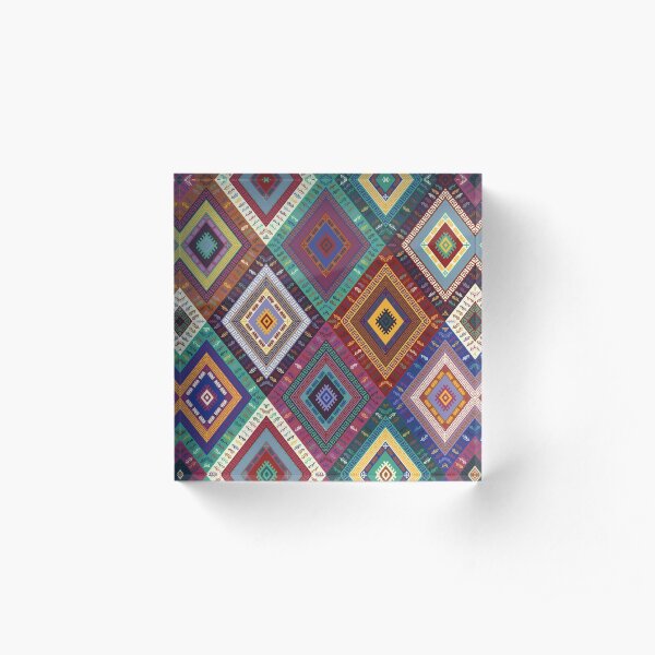Kilim Diamonds - Renaissance blue and green - Bohemian chic pattern by Cecca Designs Acrylic Block
