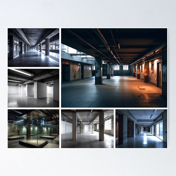 Item preview, Abandoned Business Space Collage - Liminal Space Concept Art designed and sold by liminal-concept.