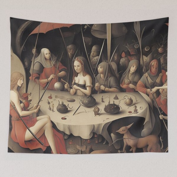 Item preview, A twisted landscape in Hell with Demons and Fallen angels at the Witches tea party after Hieronymus Bosch designed and sold by Vintage Designs +.