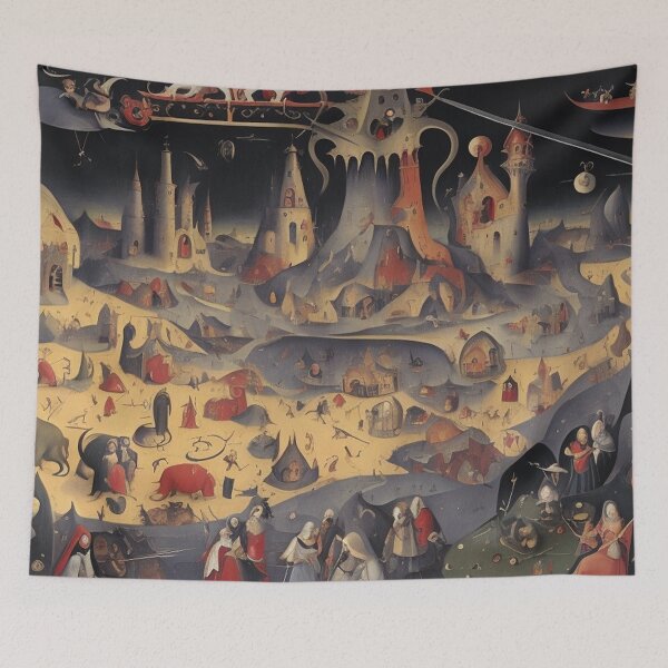 Item preview, The Garden of Unearthly Pain Hellscape in Hell with Demons and Fallen angels after Hieronymus Bosch designed and sold by Vintage Designs +.