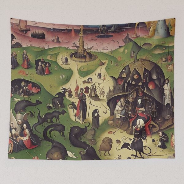 Item preview,  The Garden of Unearthly Pain Hellscape in Hell with Demons and Fallen angels after Hieronymus Bosch designed and sold by Vintage Designs +.