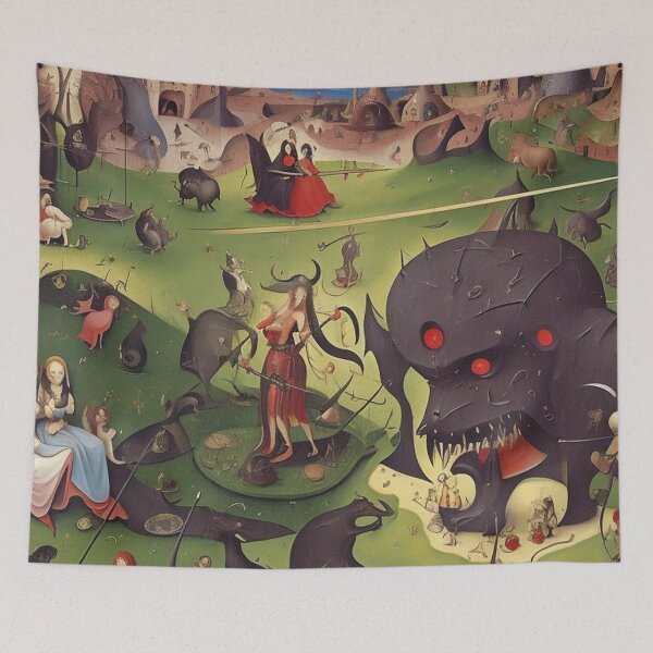 Item preview, The Garden of Unearthly Pain Hellscape in Hell with Demons and Fallen angels after Hieronymus Bosch designed and sold by Vintage Designs +.