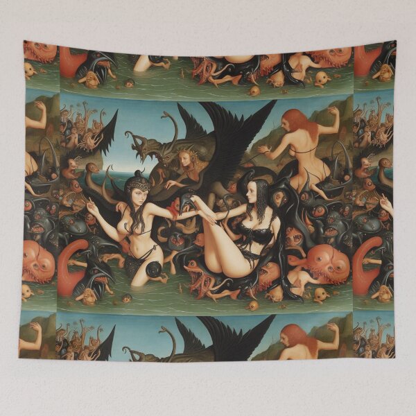 Item preview,  A twisted landscape in Hell with Demons and Fallen angels at the Witches sabbath after Hieronymus Bosch designed and sold by Vintage Designs +.