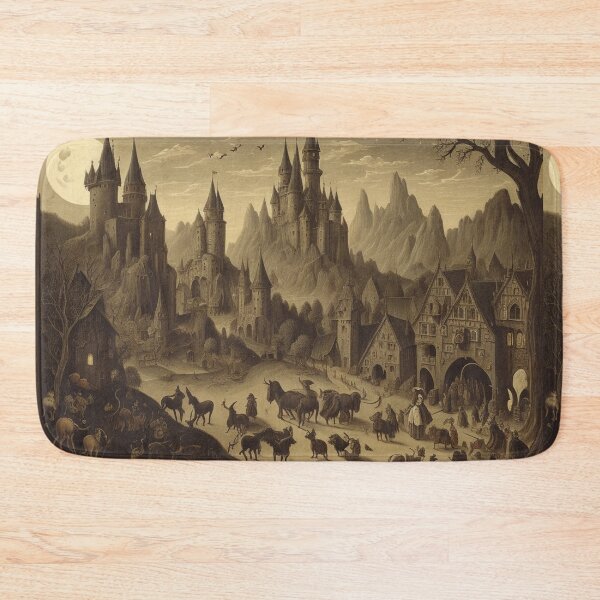 Item preview,  A Gothic Castle Fortress above Medieval Denizens after Hieronymus Bosch designed and sold by Vintage Designs +.