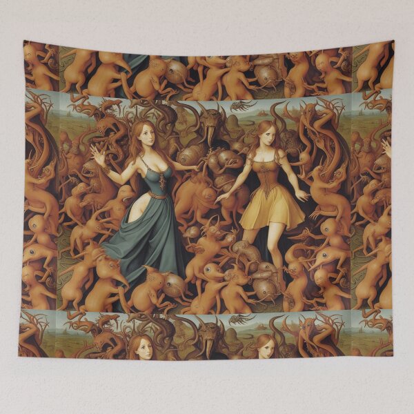 Item preview, A Pair of troubled witches betwixed Demons and Fallen angels at the Witches sabbath after Hieronymus Bosch designed and sold by Vintage Designs +.