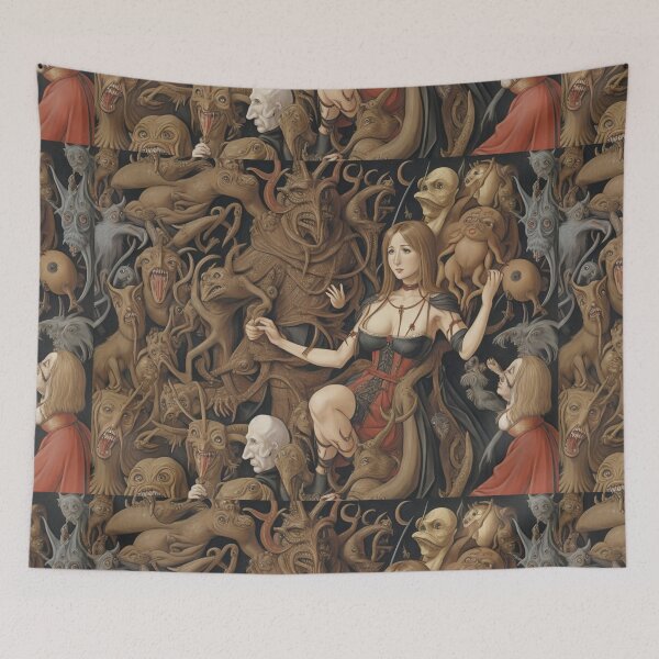 Item preview, a troubled witch betwixt Demons and Fallen angels at the Witches sabbath after Hieronymus Bosch designed and sold by Vintage Designs +.