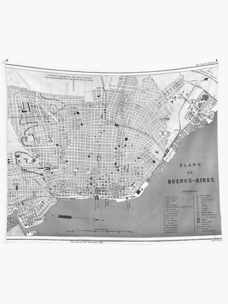 "Vintage Map of Buenos Aires Argentina (1888)" Tapestry by BravuraMedia 