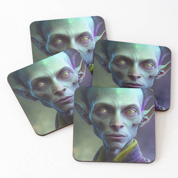 Item preview, Green and Purple Alien with Green Cat Eyes in a Purple Suit with a High Collar designed and sold by LovelaceVisuals.
