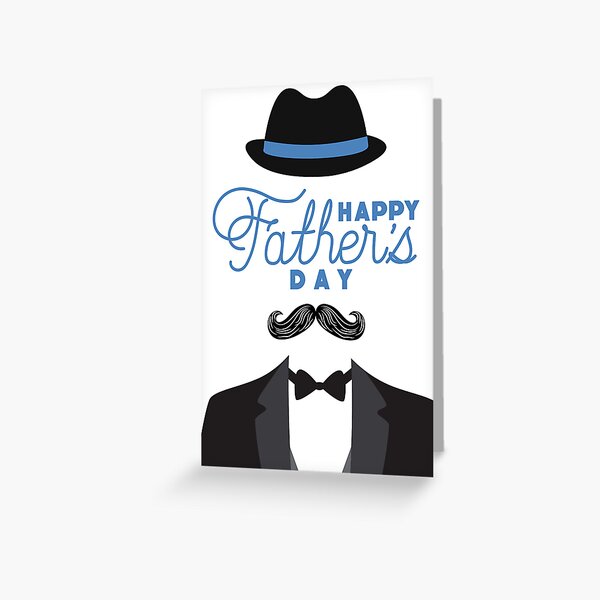 happy fathers day. greeting card. hat mustache and tie with white