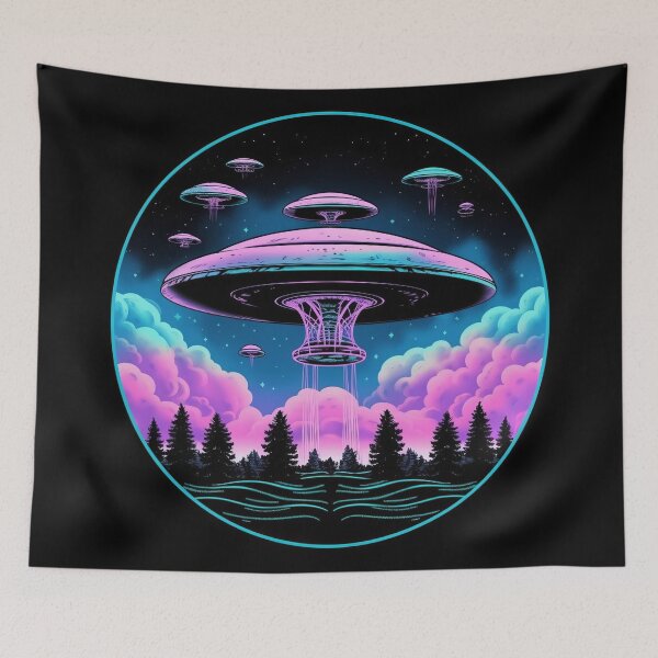 Item preview, UFO over the trees with pink and blue skies designed and sold by LilyBell6.