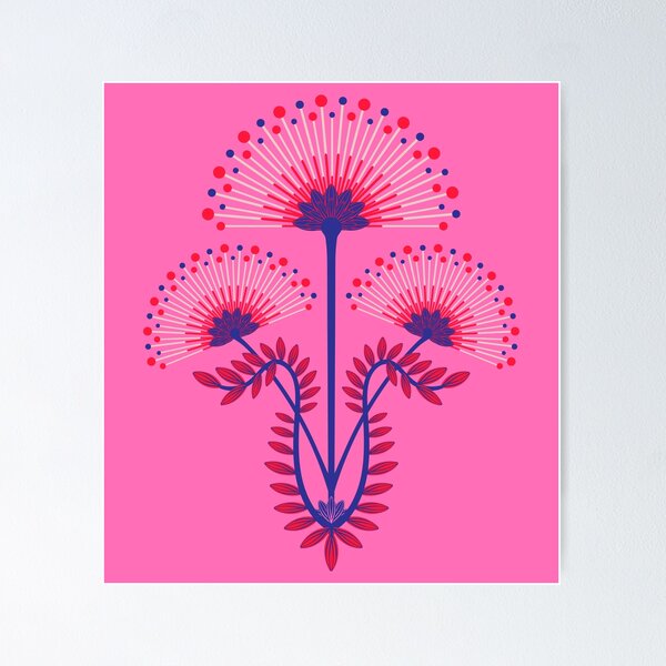 Item preview, MIMOSA Art Deco Roaring 20s Floral Botanical Damask Pattern in Pale Pink Red Blue on Fuchsia Hot Pink - UnBlink Studio by Jackie Tahara designed and sold by Jackie Tahara of UnBlink Studio.