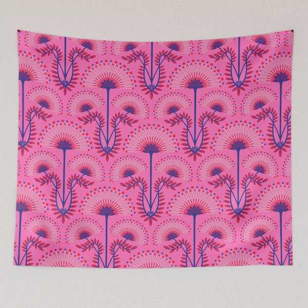 Item preview, MIMOSA Art Deco Roaring 20s Floral Botanical Damask Pattern in Pale Pink Red Blue on Fuchsia Hot Pink - UnBlink Studio by Jackie Tahara designed and sold by Jackie Tahara of UnBlink Studio.