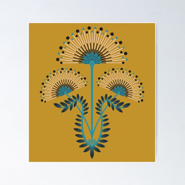 Item preview, MIMOSA Art Deco Roaring 20s Floral Botanical Damask Pattern in Turquoise Blue Pale Pink Black on Mustard Yellow - UnBlink Studio by Jackie Tahara designed and sold by Jackie Tahara of UnBlink Studio.