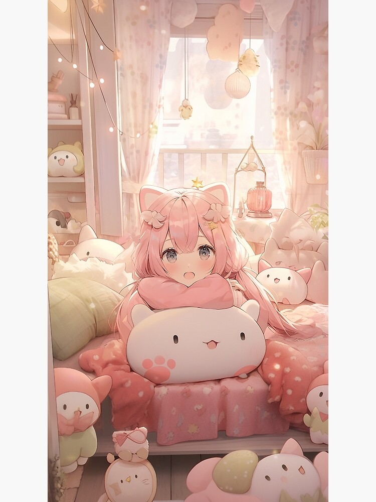 Poster for Sale mit Süßes rosahaariges Anime-Mädchen mit Kuscheltieren  von Basilix