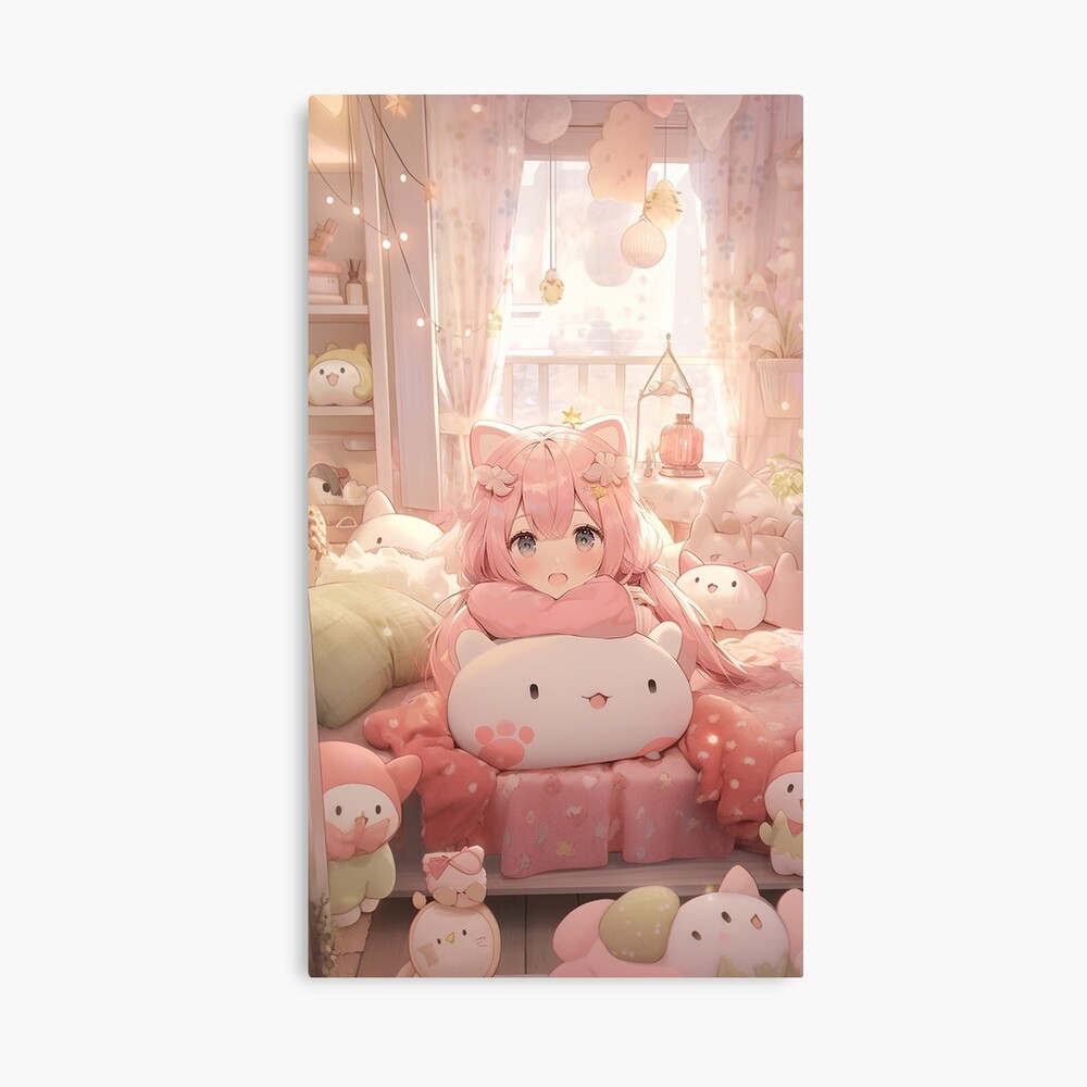 Cute Pink Haired Anime Girl with Stuffed Animals