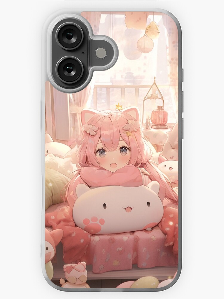 Kawaii Pink Anime Phone Case Cute Pink Haired Anime Girl With