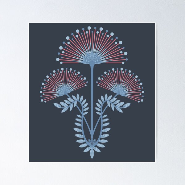Item preview, MIMOSA Art Deco Roaring 20s Floral Botanical Damask Pattern in Light Blue Red on Indigo Navy Blue  - UnBlink Studio by Jackie Tahara designed and sold by Jackie Tahara of UnBlink Studio.