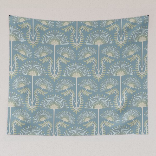 Item preview, MIMOSA Art Deco Roaring 20s Floral Botanical Damask Pattern in Cream White Sage Green on Pastel Light Blue - UnBlink Studio by Jackie Tahara designed and sold by Jackie Tahara of UnBlink Studio.