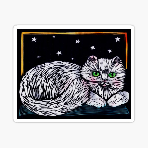 Vista previa del artículo con la obra «Noche estrellada con gato blanco, block print y color aerografiado», diseñado y vendido por HelenDBVickers.