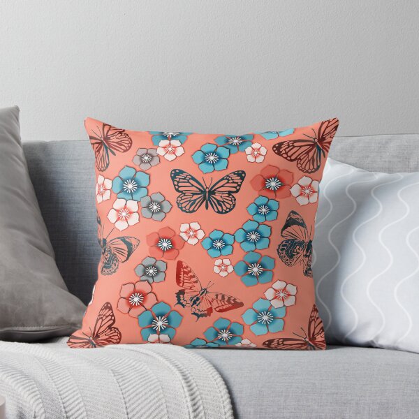 Item preview, Butterfly and Flower pattern, orange-red and Blue designed and sold by Pear Tree Studio.