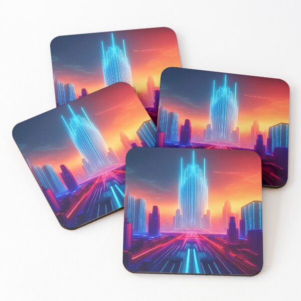 Item preview, 80's Futuristic Glowing Wireframe 3D Landscape of a Cyberpunk Neon City designed and sold by LuminoArt.