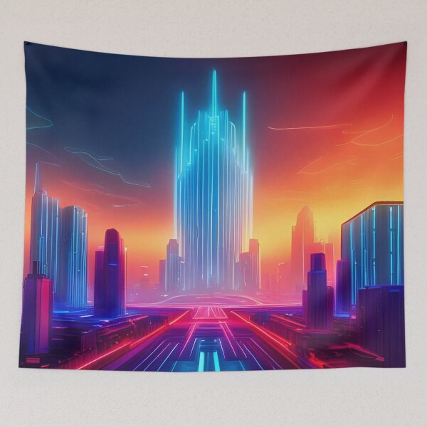 Item preview, 80's Futuristic Glowing Wireframe 3D Landscape of a Cyberpunk Neon City designed and sold by LuminoArt.