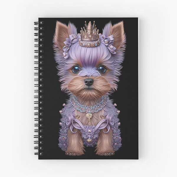 Aperçu de l'œuvre Princesse bébé Yorkie Yorkshire Terrier, yeux de poupée, couronne, accents et nœuds lavande, collier bleu créée et vendue par LovelaceVisuals.