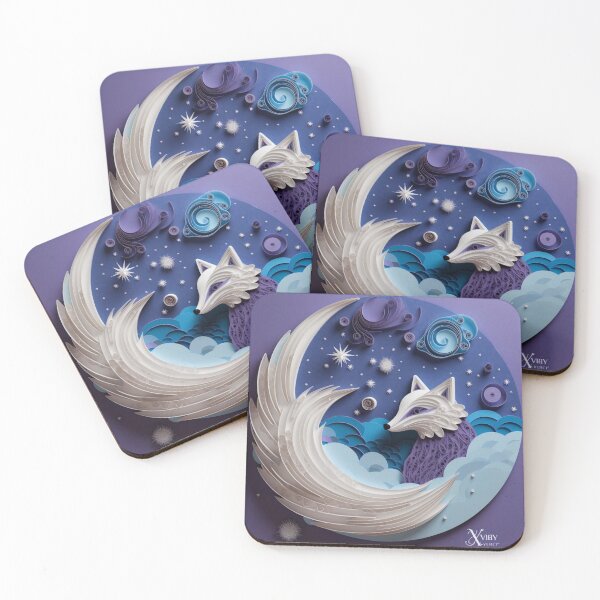 Artikelvorschau, Paper cut fox, moon and stars on blue background. Paper art style. entworfen und verkauft von aiphotosart.