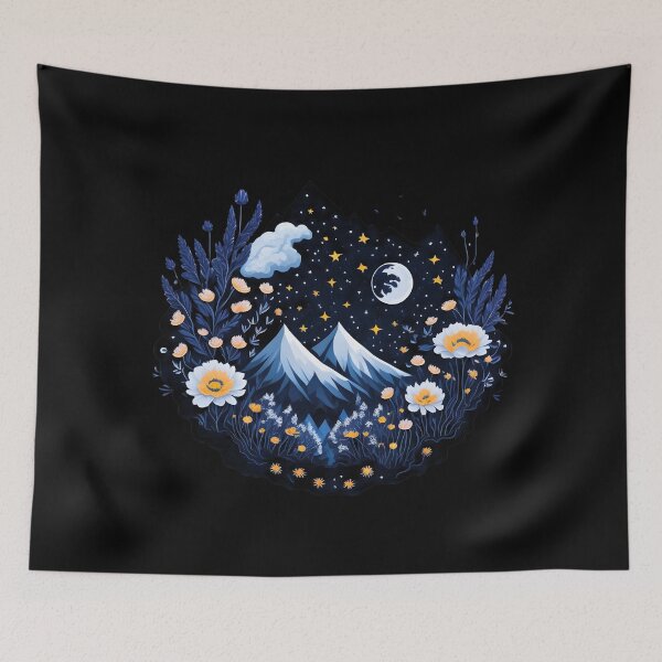 Item preview, Mountains and Daisy Flowers Moon and Stars designed and sold by Shaymalily.