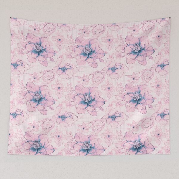 Item preview, Blueprint Blossoms: Delicate flowers intertwined with architectural blueprints designed and sold by centaurydesigns.