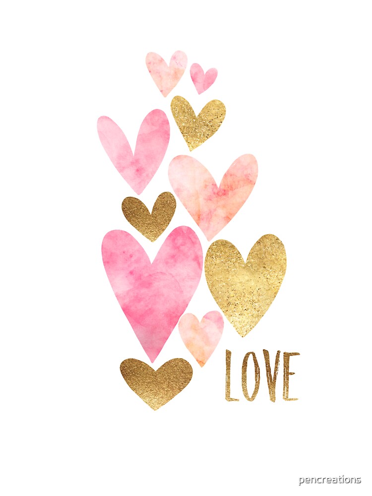 Love Gold Glam Pink Watercolor Hearts Kids T Shirt By Pencreations Redbubble