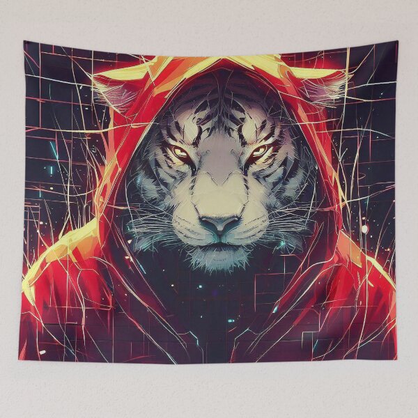 Item preview, White tiger in red hoodie cyber futuristic style designed and sold by TomFrontierArt.