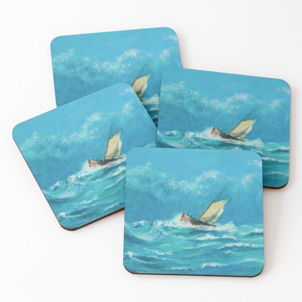 Item preview, Little sail ship on bright blue ocean oil painting designed and sold by ArtyBuys.