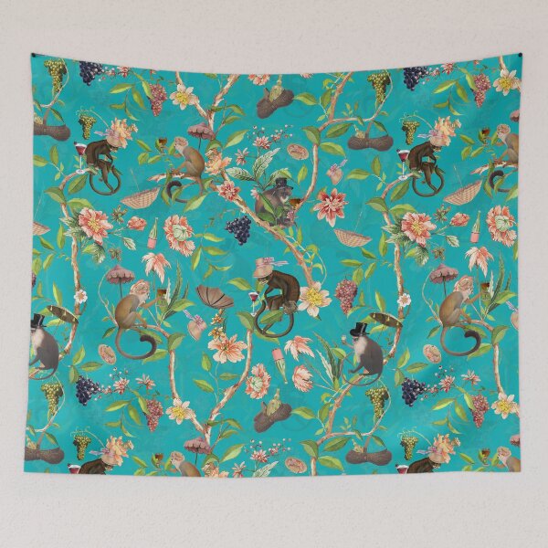 Item preview, Monkey Party Chinoiserie Botanical Garden  Dark Turquoise  Nightgarden designed and sold by UtArt.