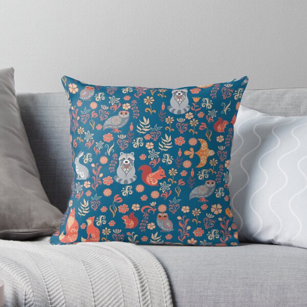 Fairy-tale forest. Fox, bear, raccoon, owls, rabbits, flowers and herbs on a white background. Seamless pattern. Throw Pillow
