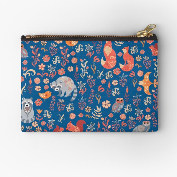 Fairy-tale forest. Fox, bear, raccoon, owls, rabbits, flowers and herbs on a white background. Seamless pattern. Zipper Pouch