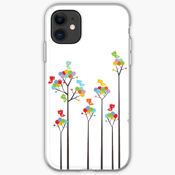 Colorful Whimsical Tweet Birds On Dark Branches With Dotted Trees iPhone Soft Case