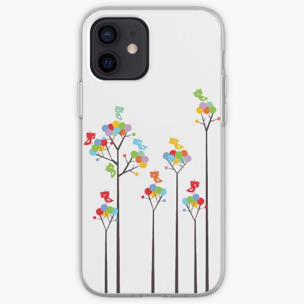 Colorful Whimsical Tweet Birds On Dark Branches Of Dotted Trees iPhone Soft Case